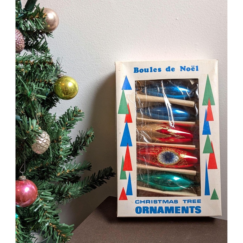 Vintage Glass Icicle Christmas Ornaments Boxed Set of 8 Mercury Glass Decor